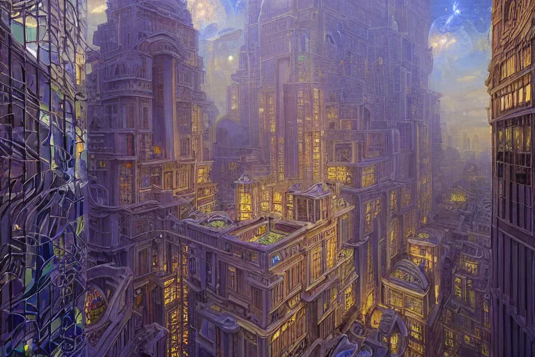 Image similar to beautiful painting of an art moderne city, glowing windows. reflective detailed textures, moth wings and flowering vines and brushed steel, highly detailed dark fantasy science fiction painting by donato giancola and peter mohrbacher and nicholas roerich and diego rivera, elaborate geometric ornament, silver and cool colors. artstation