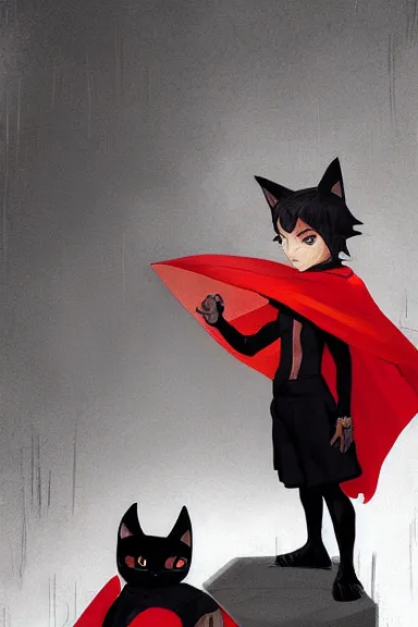 Image similar to little boy with cat ears in an black outfit with red cape. digital artwork made by lois van baarle and james jean and marc simonetti, sharpness focus, inspired by hirohiko araki, anatomically correct, heroic composition, hero pose, smooth