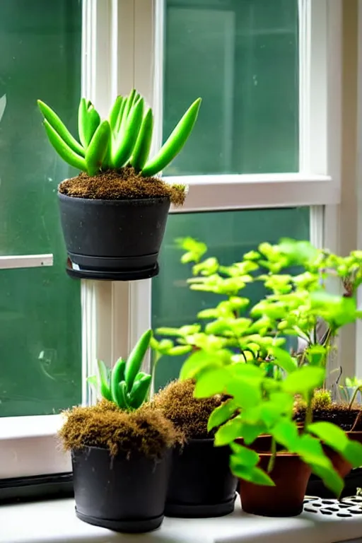 Prompt: an unknown exotic succulent shrubbery, a strange and weird potted plant is in a windowsill