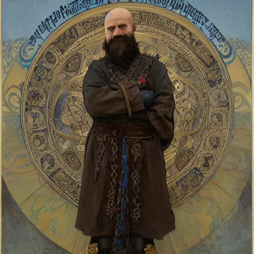Image similar to portrait of man with knotwork runic facial tattoos, bald, middle-aged Slavic Viking priest wearing thick fur collar and vestments, and standing tall in the blizzard, with fading blue woad tattoos on forehead, head, and cheeks, portrait by Anato Finnstark, Alphonse Mucha, and Greg Rutkowski
