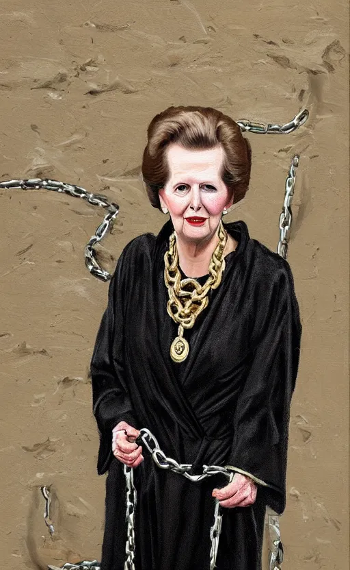 Image similar to an oil portrait of margaret thatcher in ceremonial robe keeping distressed servals in chains at her feet, high quality, artstation, higly detailed, dark lighting