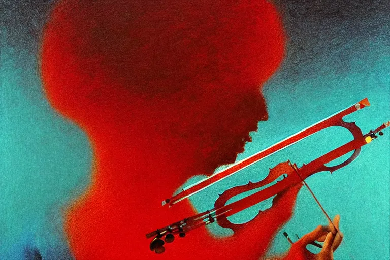 Prompt: abstract tech concept of the mystery musician with colored smoke playing a violin, in the style of rafał olbinski, in the style of beksinski, intricate and epic composition, red by caravaggio, insanely quality, highly detailed, masterpiece, purple light, artstation, 4 k