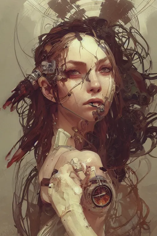 Prompt: A full portrait of a beautiful post apocalyptic offworld watchmaker, intricate, elegant, highly detailed, digital painting, artstation, concept art, smooth, sharp focus, illustration, art by Krenz Cushart and Artem Demura and alphonse mucha