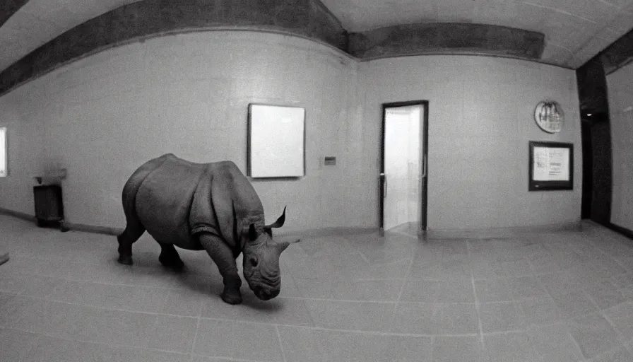 Image similar to a rhinoceros in a public bathroom with yellow tiles floor, mini dv camera found footage, very very low quality picture, heavy grain, heavy jpeg artifact blurry, caught on trail cam