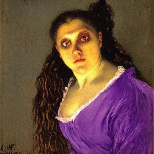 Prompt: portrait of a purple witch with golden embroidery, by gustave courbet.