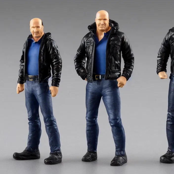 Image similar to a goodsmile figure of steve austin. a small, tight, undersized reflective bright blue round puffer jacket made of nylon. a black shirt underneath. dark jeans pants. a pair of big black rubber boots, figurine, detailed product photo