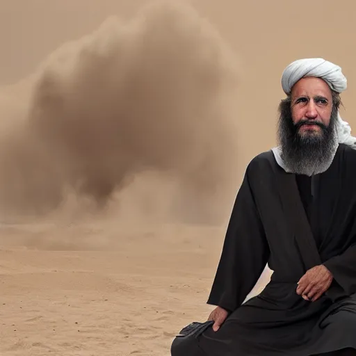 Prompt: 4 k portrait sony a 7 f 2. 8 wide angle of president joe biden as a taliban leader with a beard kneeling shirtless in kuwait with sand storm desert lighting