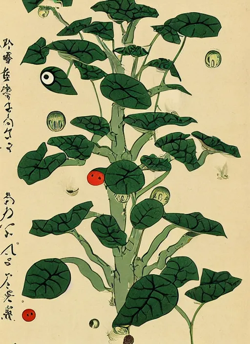 Prompt: botanical illustration of a green plant with eyeballs instead of flowers, Ukiyo-e