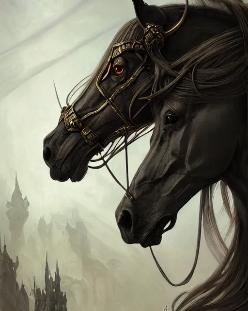 Image similar to horse art by giger, deep focus, d & d, dark fantasy, intricate glow accents, elegant, highly detailed, digital painting, artstation, concept art, matte, sharp focus, 8 k 3 d, hearthstone, art by artgerm and greg rutkowski and alphonse mucha