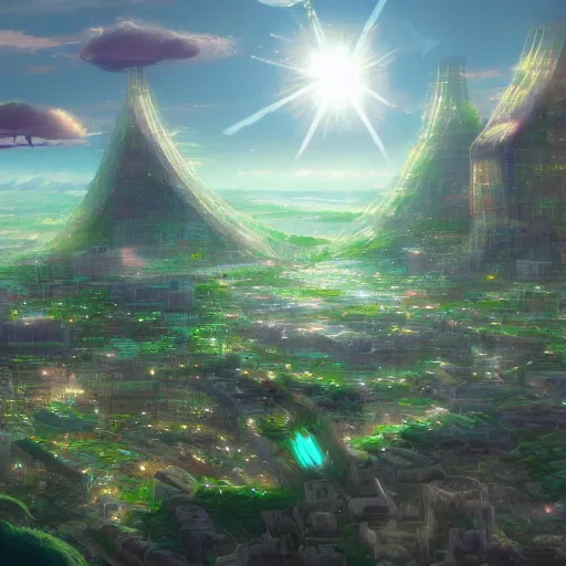 Image similar to anime portrait of ethereal floating island cities, wide shot, solarpunk, trending on artstation, studio ghibli