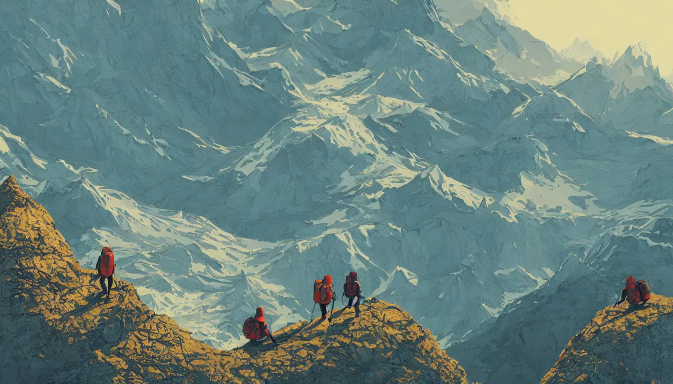 Image similar to backpackers on a mountain, view from above, kilian eng, minimalist