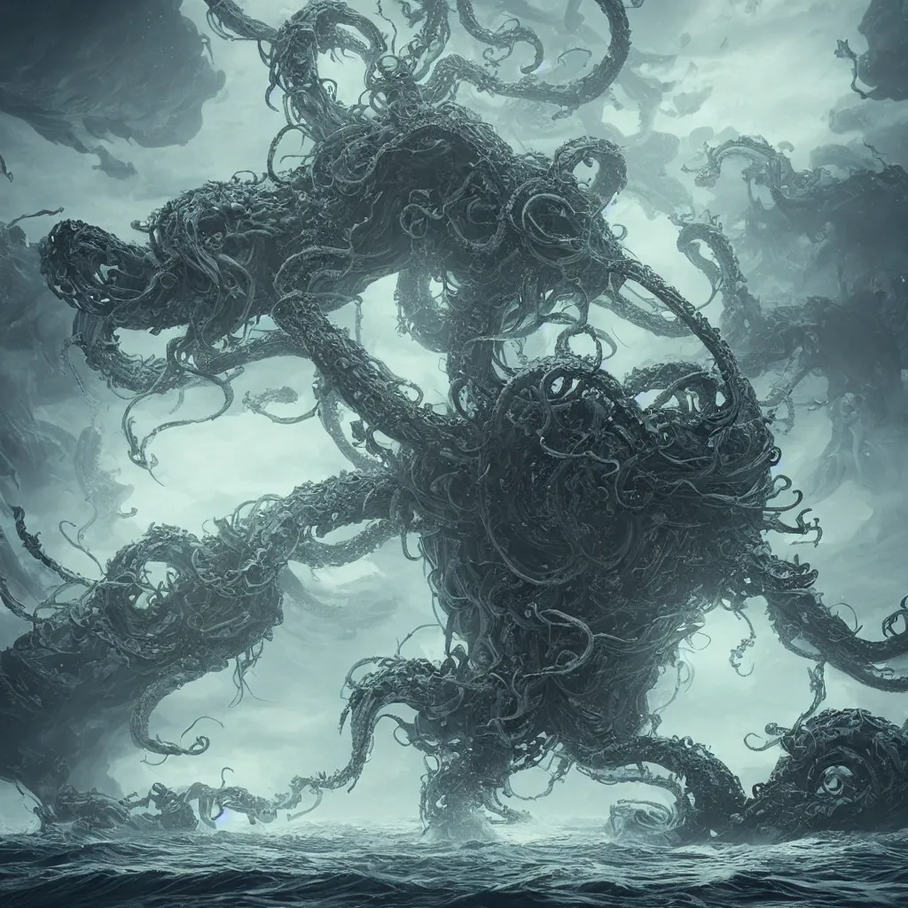 Image similar to a kraken corrupted by demonic power rising out of a stormy sea, intricate artwork by Tooth Wu and wlop and beeple. octane render, trending on artstation, greg rutkowski very coherent symmetrical artwork. cinematic, hyper realism, high detail, octane render