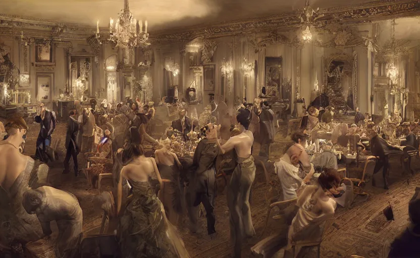 Prompt: craig mullins and ghibli digital painting of a 1 9 2 0 s grand party in a beautiful mansion, many partygoers, strong contrast, unreal engine, hyper realism, realistic shading, cinematic composition, realistic render, octane render, detailed textures, photorealistic, ultrawide shot, 3 5 mm film