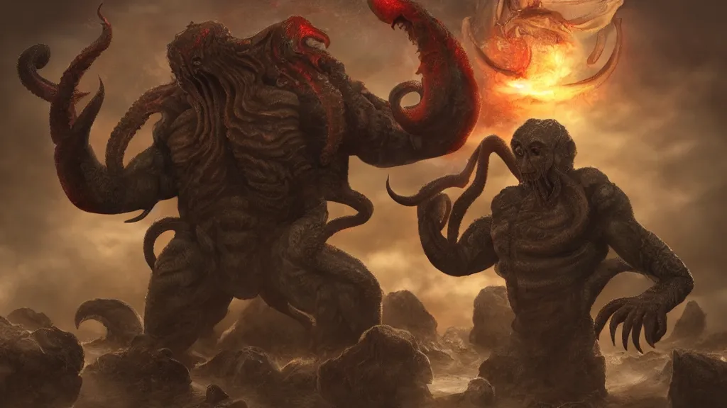 Prompt: chuck norris Fight with the giants cthulhu, cgi, trending artstation