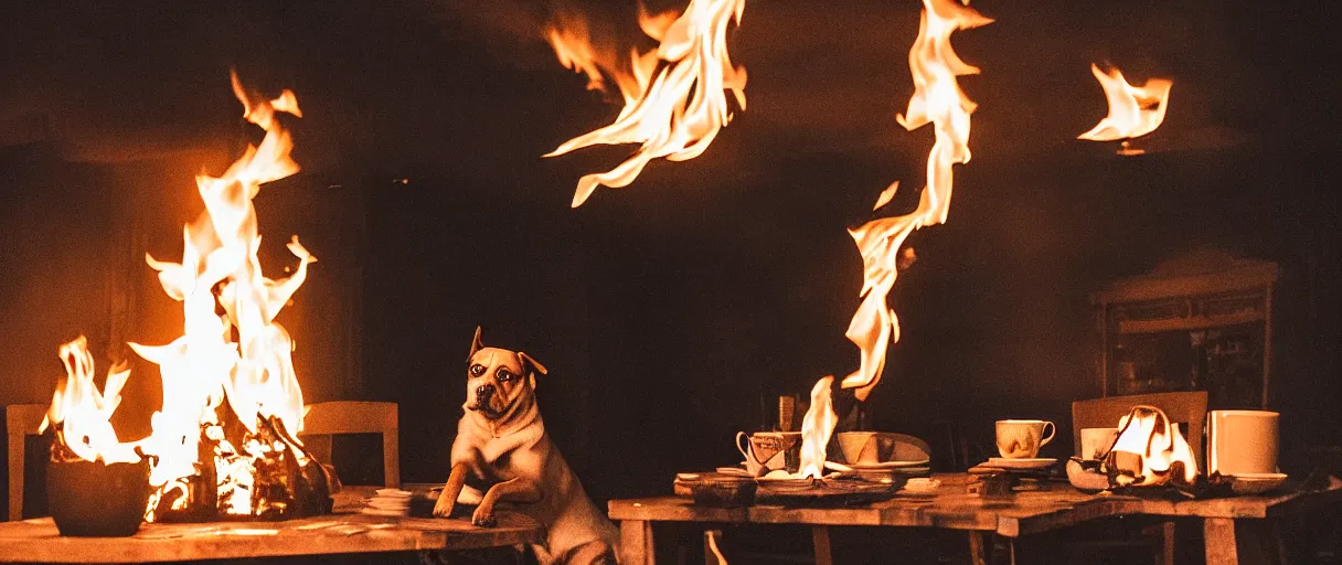 Prompt: a studio photograph (big flash on) of a huge fire on a dining room on fire in the background, in the foreground a relaxed dog sitting on a wooden chair at a table (no fire at all there), lights on, ☕ on the table, surrounded by flames, a lot of flames behind the dog, black smoke instead of the ceiling, no watermark