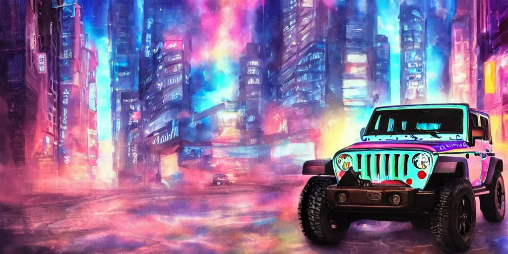 Prompt: Itasha 1997 hardtop Jeep Wrangler, digital painting, beautiful iridescent fog swallows urban Shibuya, planets can be seen in the sky above, beautiful, neon night, cinematic, extraordinary, colorful, photorealistic, dark, atmospheric, ultra realistic, insanely detailed, lights and shadows