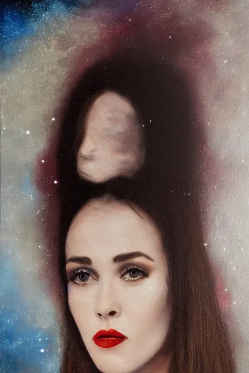 Image similar to hyperrealism oil painting, close - up portrait of isabelle adjani medieval brunette vampire fashion model, knight, steel gradient mixed with nebula sky, in style of baroque