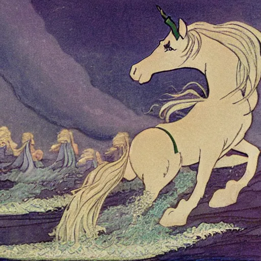 Image similar to the unicorn wave scene from the last unicorn, as illustrated by edmund dulac