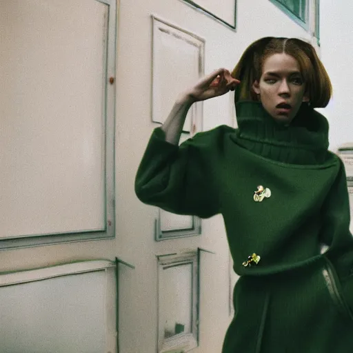 Image similar to realistic photoshooting for a new vetements lookbook, color film photography, portrait of a beautiful woman, photo in style of Tyler Mitchell, wes anderson, Julia Hetta, Tim Walker, Petra Collins, 35mm,