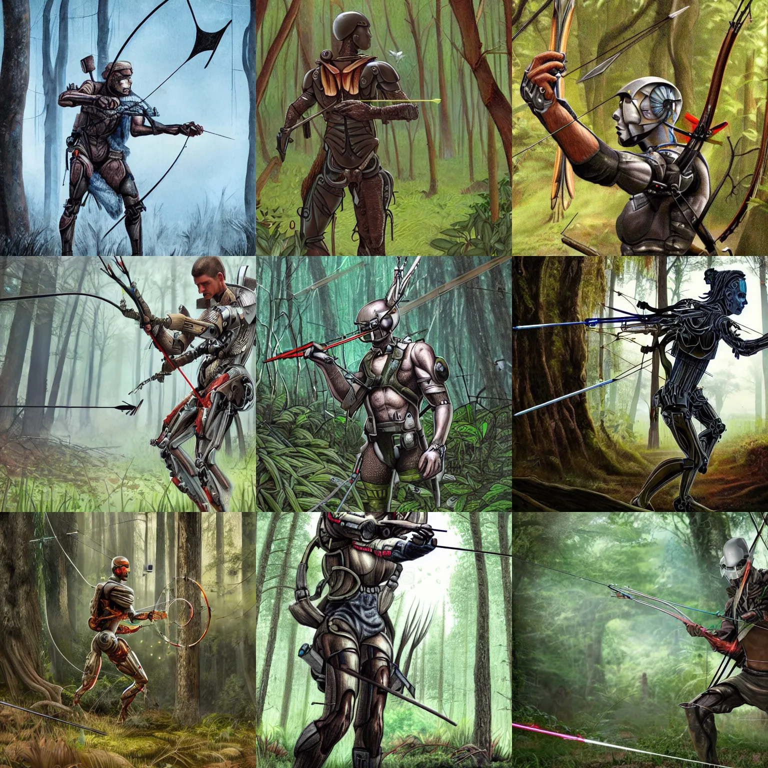 Prompt: ultra realistic illustration of a cyborg hunting in the forest for food with a bow and arrow, sci-fi, dystopian