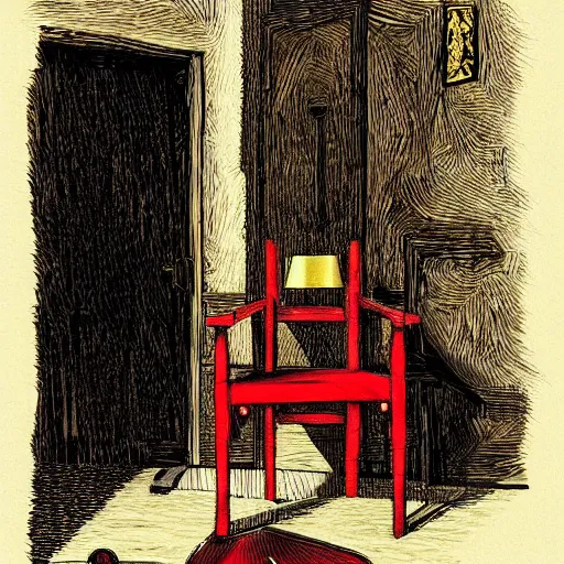 Image similar to a red chair surrounded by sinister and sinuous tools made of gold at the end of a black stone hallway