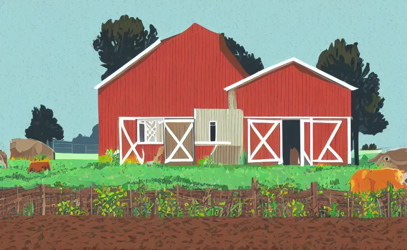 Image similar to farm house, vector, storybook, muted colors, gouache, flat poster, sharp edges, print