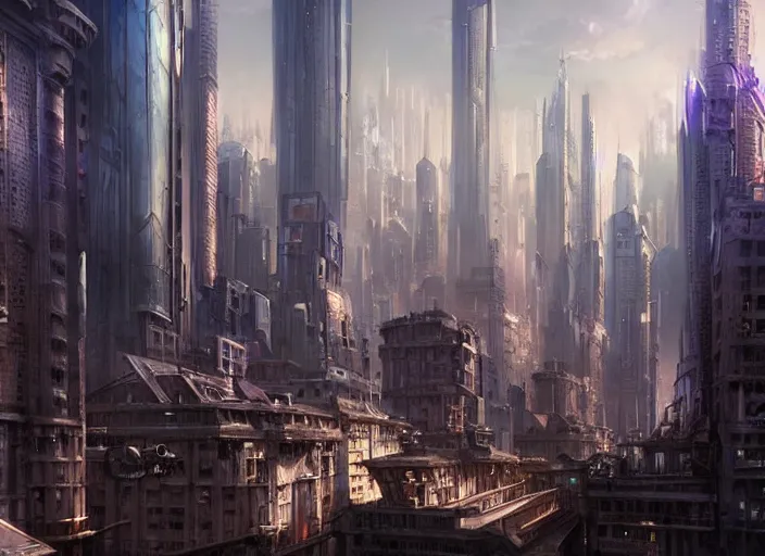 Prompt: a painting of a city with a lot of tall buildings, a detailed matte painting by stephan martiniere, cgsociety, fantasy art, steampunk, matte painting, matte drawing