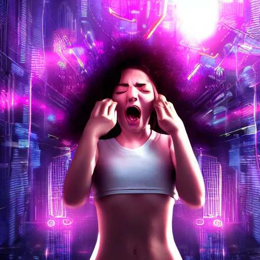 Image similar to girl screaming and holding her head while it explodes with lights and computer elements, cyberpunk, hyperdetailed, suffering, realistic, futuristic, cybernetic, character concept art, blue and violet color scheme