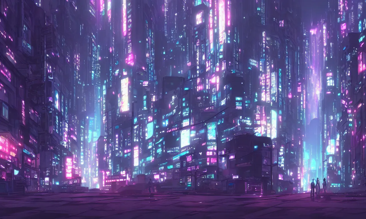 Image similar to city in the atmospheric cyberpunk anime film, gouache matte background painting, neon noir, at night with lights, by makoto shinkai, in the anime series ergo proxy, beautiful specular edge highlights and rim lighting