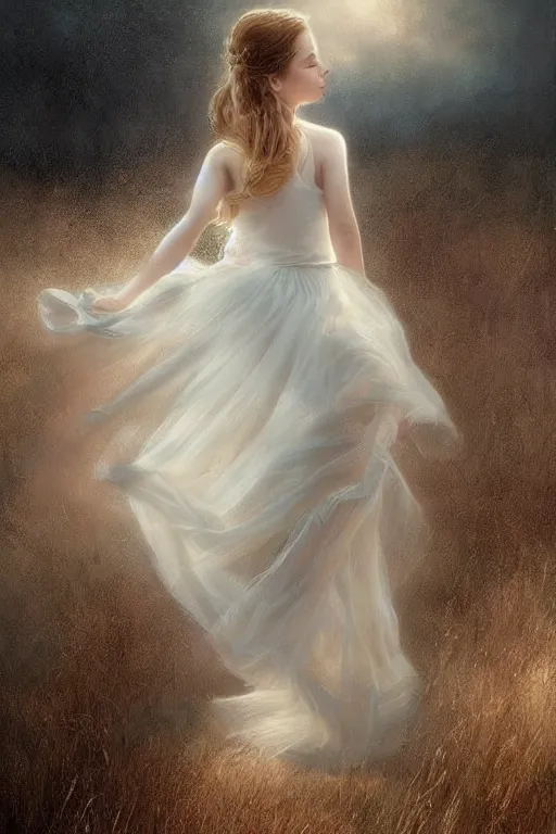 Prompt: little girl dancing in the wind, beautiful face, ethereal, bride, beautiful wedding dress, gorgeous, volumetric lighting, elegant, fluid, very highly detailed, digital painting, concept art, illustration, limited color palette, atmosphere and tension, art by greg olsen and liz lemon swindle