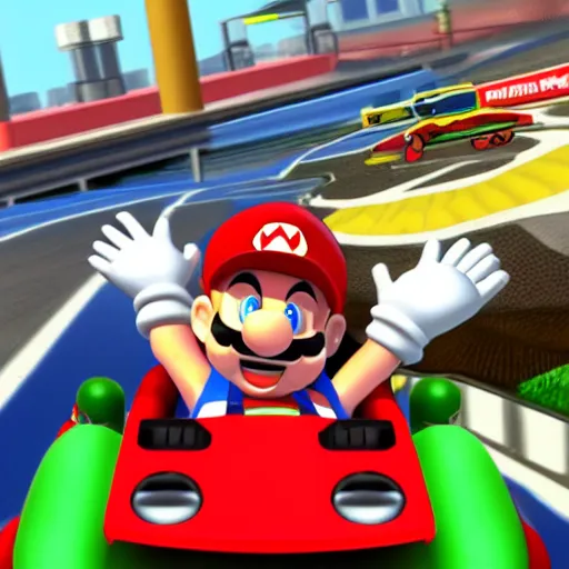 Image similar to video game screenshot of eminem in mario kart