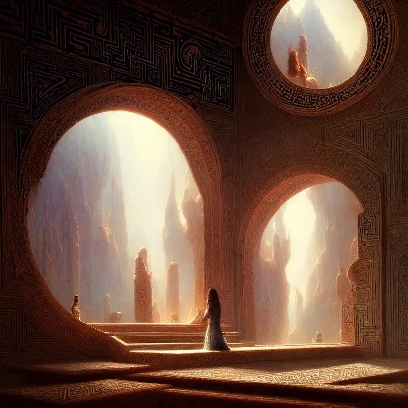 Image similar to magic fluffy Persian carpet & mirror dimension, vertical labyrinth structure, vast vistas, by Greg Rutkowski and Gaston Bussiere, dim lighting, beautiful volumetric-lighting-style atmosphere, surreal atmosphere, intricate, detailed, photorealistic imagery, artstation