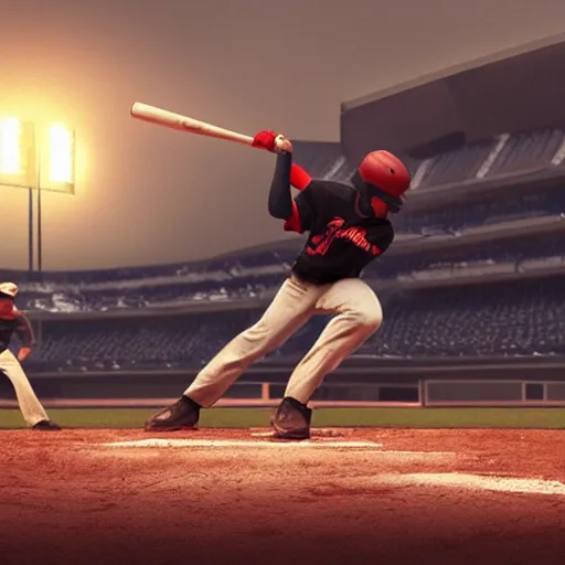 Image similar to baseball player hitting the ball with the baseball bat in the middle of the game and in front of everyone in the stadium, james gurney painting style, greg rutkowski, artstation, octane render, unreal engine 5