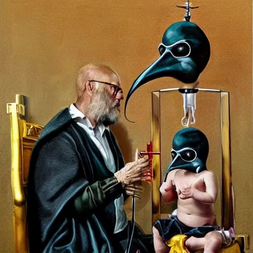 Prompt: hyper realistic painting of a handsome man symmetrical, sitting in a gilded throne, tubes coming out of the man's arm, getting a blood transfusion from a baby. plague doctor in the background created by wes andersson