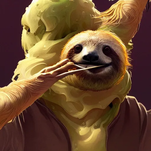 Image similar to detailed science - fiction character portrait of a sloth eating sushi, intricate, wild, highly detailed, digital painting, artstation, concept art, smooth, sharp focus, illustration, art by artgerm and greg rutkowski and alphonse mucha