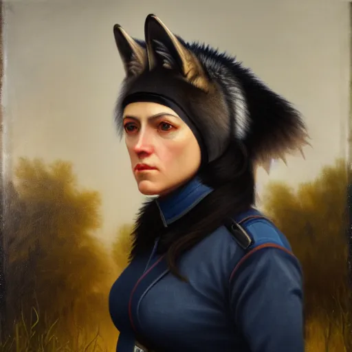 Prompt: a head - and - shoulders portrait of a female wolf wolfwoman wearing a police uniform looking off camera, an american romanticism painting, a portrait painting, cgsociety, soft focus, oil on canvas