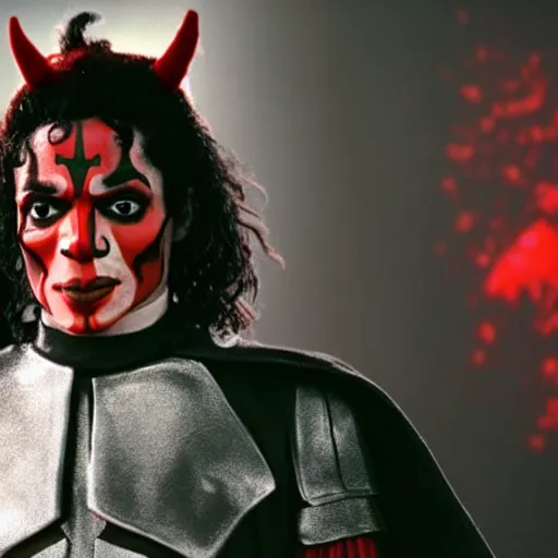 Image similar to a film still of michael jackson starring in a blockbuster film as darth maul from star wars, shallow depth of field, cinematic, award winning cgi, vfx, film still