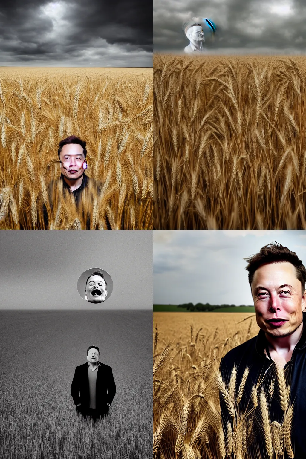 Prompt: Elon Musk's head popping out of a wheat field and looking at the camera on an overcast day, dark, gloomy, moody, creepy, 4k, high quality