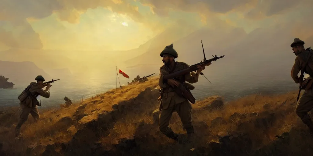 Prompt: gallipoli campaign, turkish soldiers are defending the dardanelles, battlefield 1 aesthetic, extremely detailed digital painting, in the style of fenghua zhong and ruan jia and jeremy lipking and peter mohrbacher, mystical colors, rim light, beautiful lighting, 8 k, stunning scene, raytracing, octane, trending on artstation