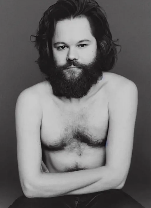 Image similar to illustration of young tim robbins with dark brown hair and a big bushy beard, wearing a white tank top