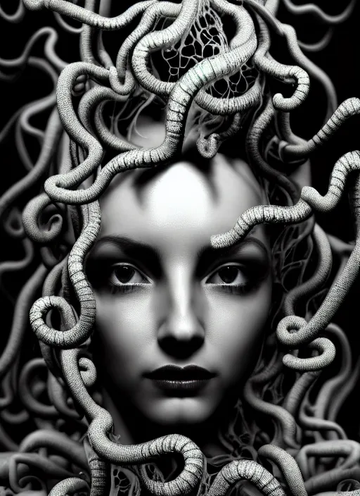 Image similar to surreal mythical dreamy dark artistic black and white fine art photo of a beautiful young female medusa - cyborg covered with translucent algae, highly detailed, intricate crystal ivy jelly fish scales ornate, lace web, poetic, octane render, 8 k, photo - realistic, by man ray