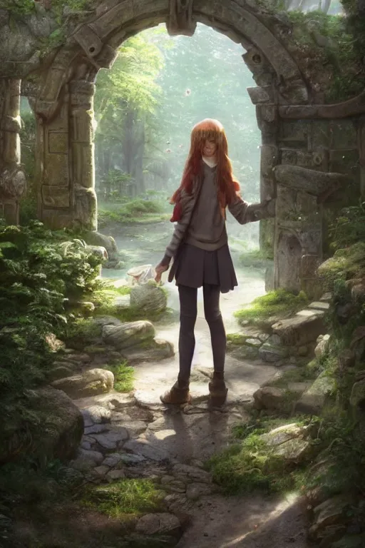 Image similar to a highly detailed matte painting of a teenager with shaggy hair and hip clothes standing in front of a stone gate in the elven forest ruins, by studio ghibli, by artgerm, by wlop, by greg rutkowski, red tones, volumetric lighting, octane render, 4 k resolution, trending on artstation, masterpiece