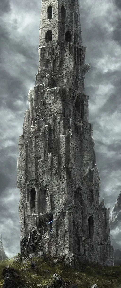 Image similar to lord of the rings high medieval tower with dark stones. the tower is on a hill. there are stone ruins at the bottom. a dark forest is all around the tower. illustration on artstation