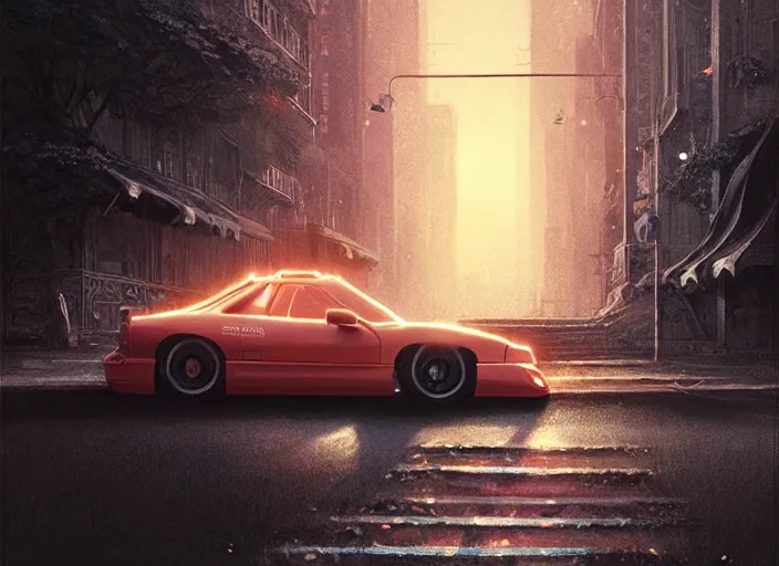 Prompt: detailed intricate digital illustration by greg rutkowski and artgerm and wlop and sanford robinson gifford ; 1 9 9 4 vehicle, glowing headlights ; 1 3 mm film, wide angle arri alfa anamorphic lens ; sharp focus, soft evening lighting