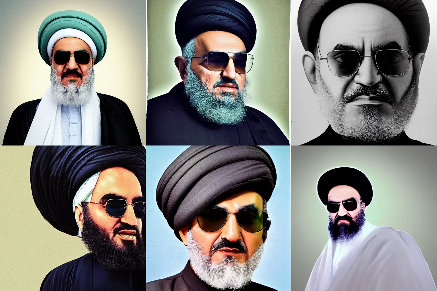 Prompt: a detailed portrait of imam Khomeini wearing sunglasses and Cap, studio lighting