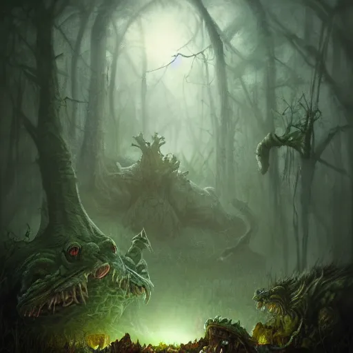 Prompt: the attack of the giant toads emerging out of the dark forest by Tony Sart, foggy, atmospheric, dark, creepy, ArtStation, Detailed, realistic