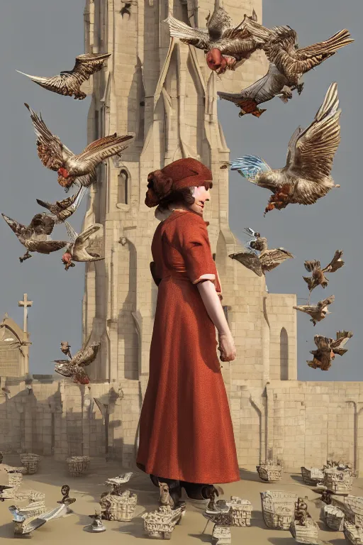 Image similar to zoom in 3 d render of english princess holding birds, ornaments, church, altar, dieselpunk, solarpunk, artstation, andrei riabovitchev