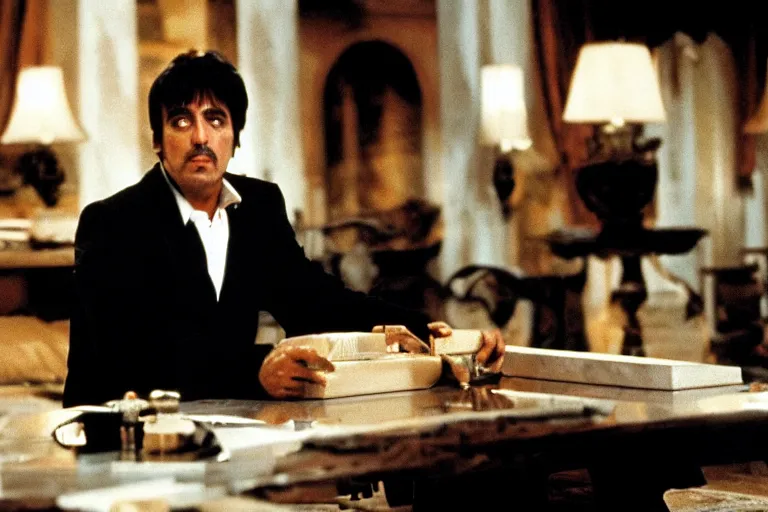 Image similar to tony montana from movie scarface 1 9 8 3 sitting behind a big black oak table with big large packages of flour. long shot. al pacino. perfect symmetric face, coherent eyes, fine details, 4 k, ron cobb, cinestill. last scene from scarface movie