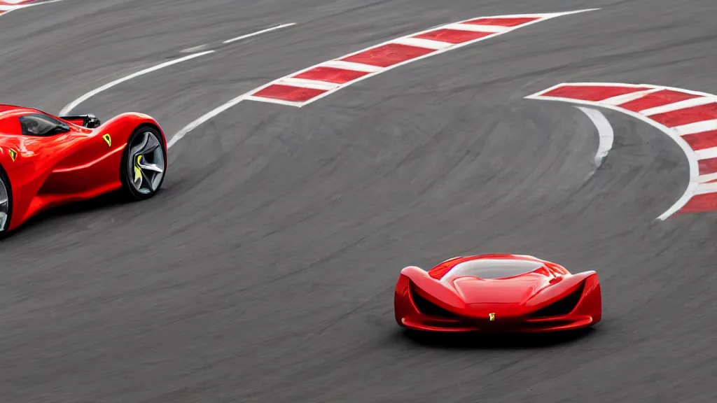 Image similar to photo of a ferrari concept car on racetrack, cinematic, fine details, symmetrical, 4 k