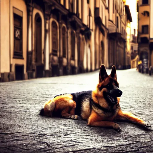 Image similar to a german shepherd shiba inu mix dog lying on the street in ancient florence, high quality digital art, photo realism, cinematic lighting, moody lighting